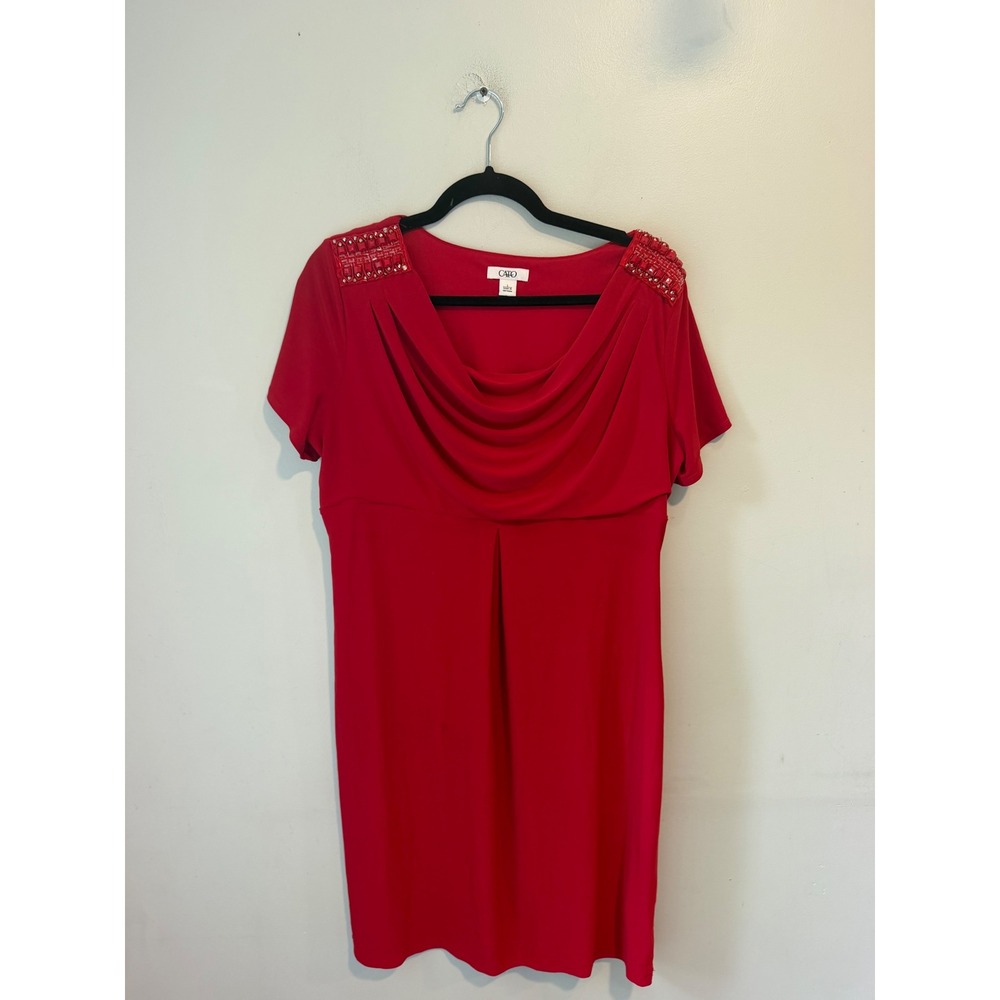 Cato Red Beaded Shoulder Cowl Neck Sheath Dress Womens L Short Sleeve Holiday